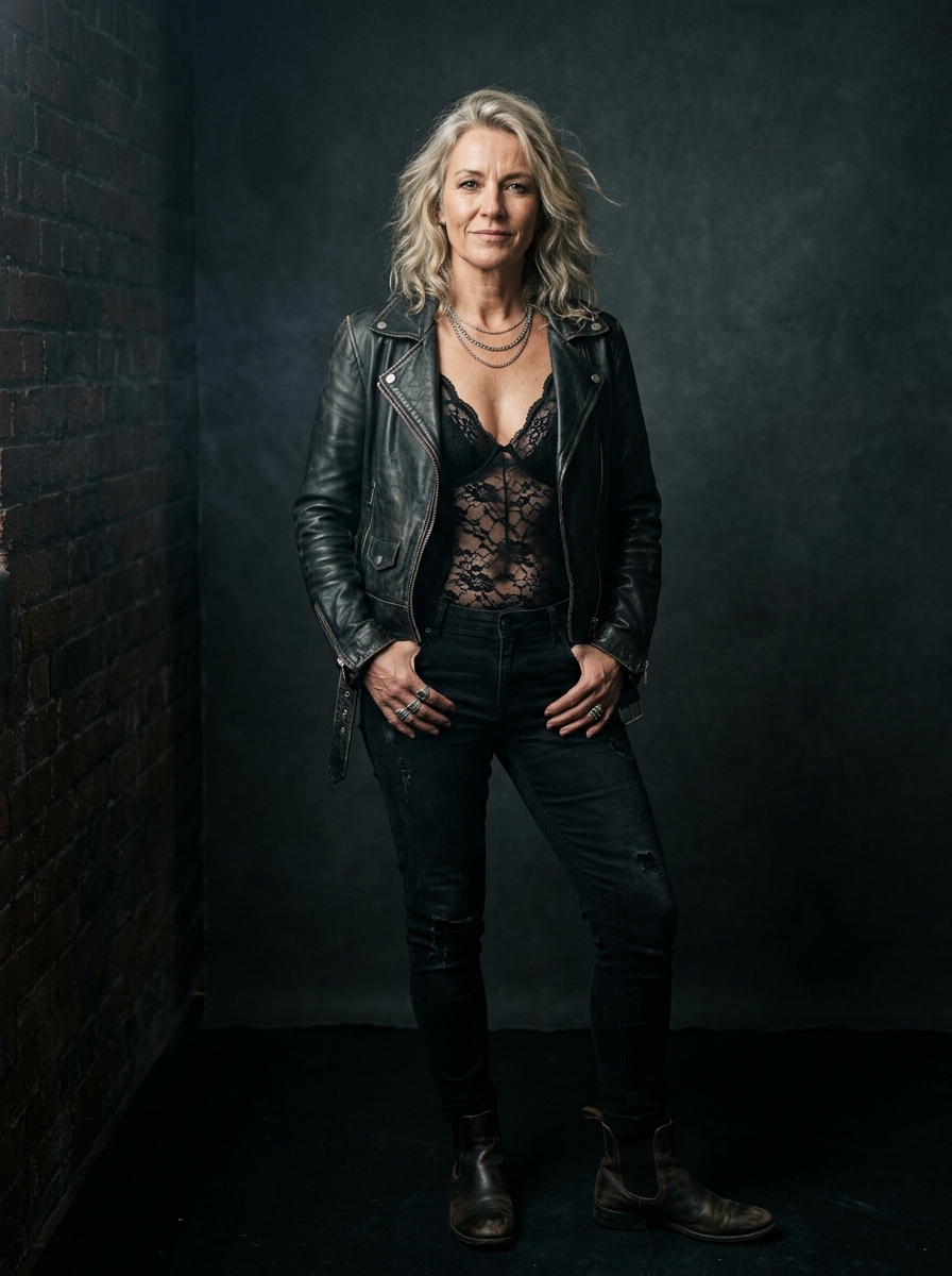 Rock and Roll Female Liberation: Leather Biker Jacket over Sheer Black Lace Bodysuit