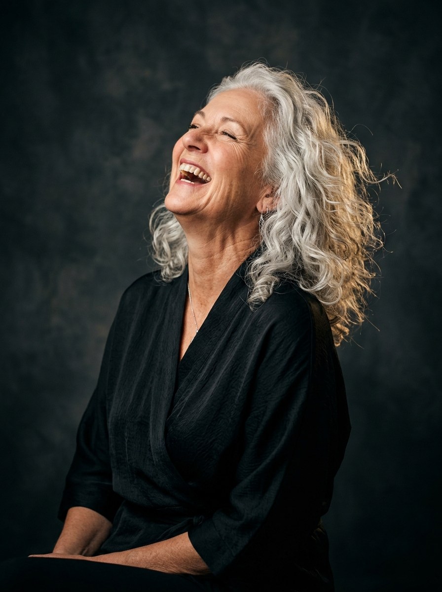 Radiant Joy & Silver Hair Portrait of a Woman Over 50 Laughing With Radiance
