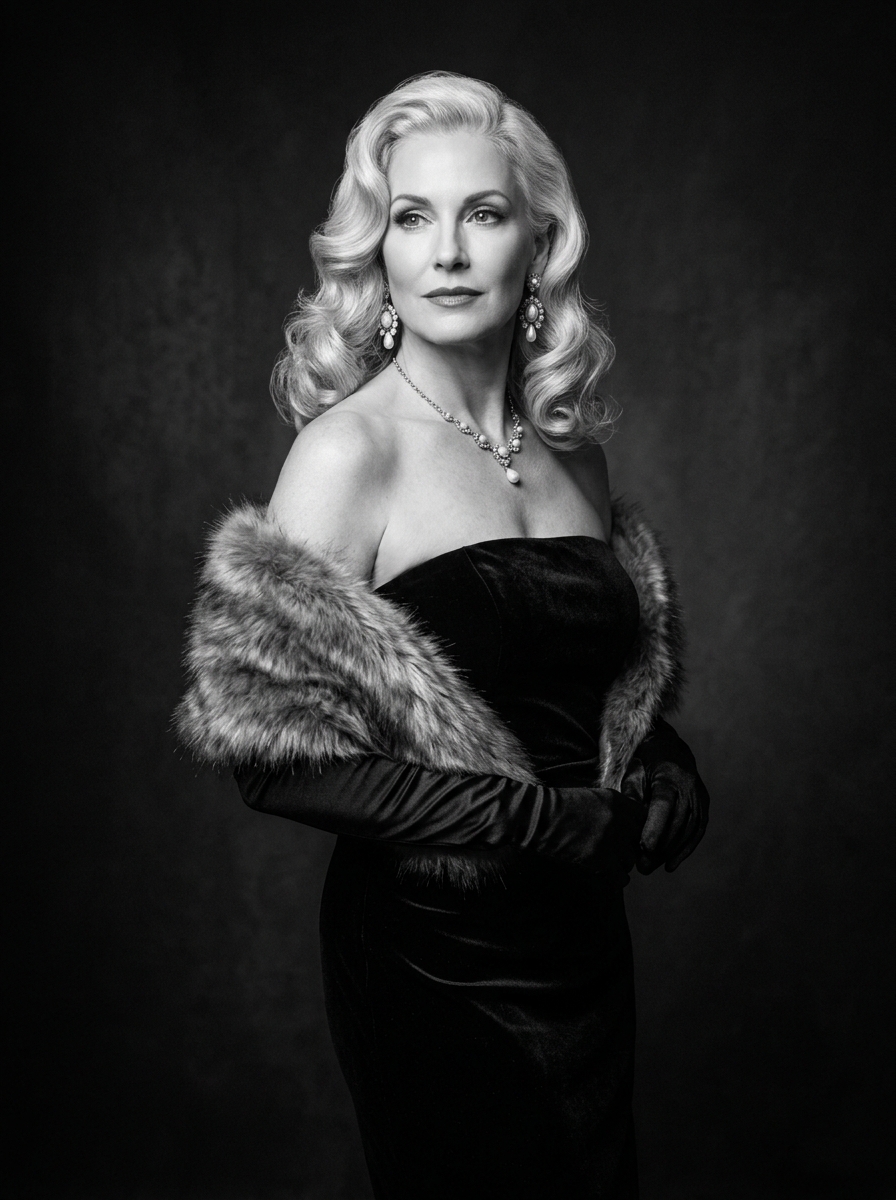 Vintage Film Noir Glamour: Black Velvet Dress, Satin Opera Gloves and Faux Fur Stole